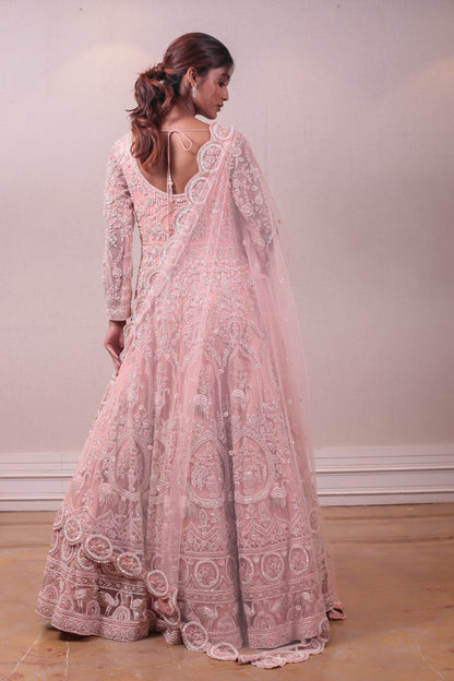 Designer Peach Net Embodied Gown