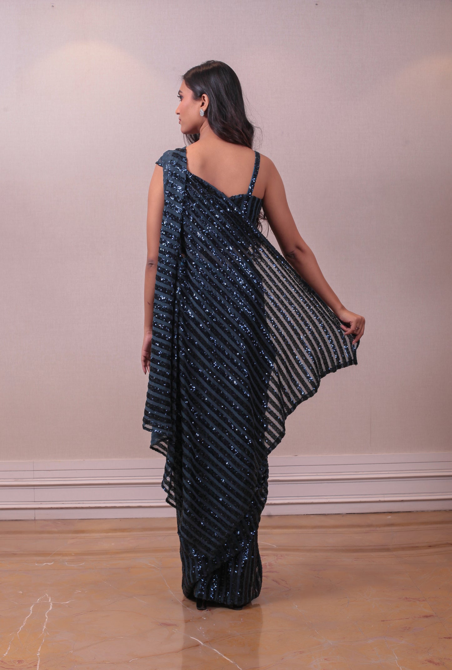 Designer Blackish Blue Net Embodied Saree