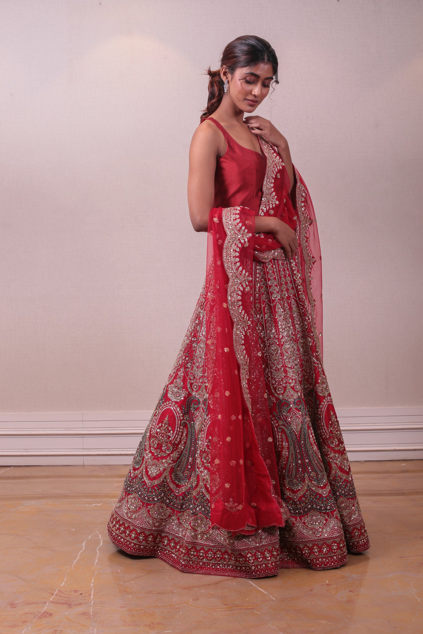 Designer Red Raw Silk Lehenga with Net Dupatta