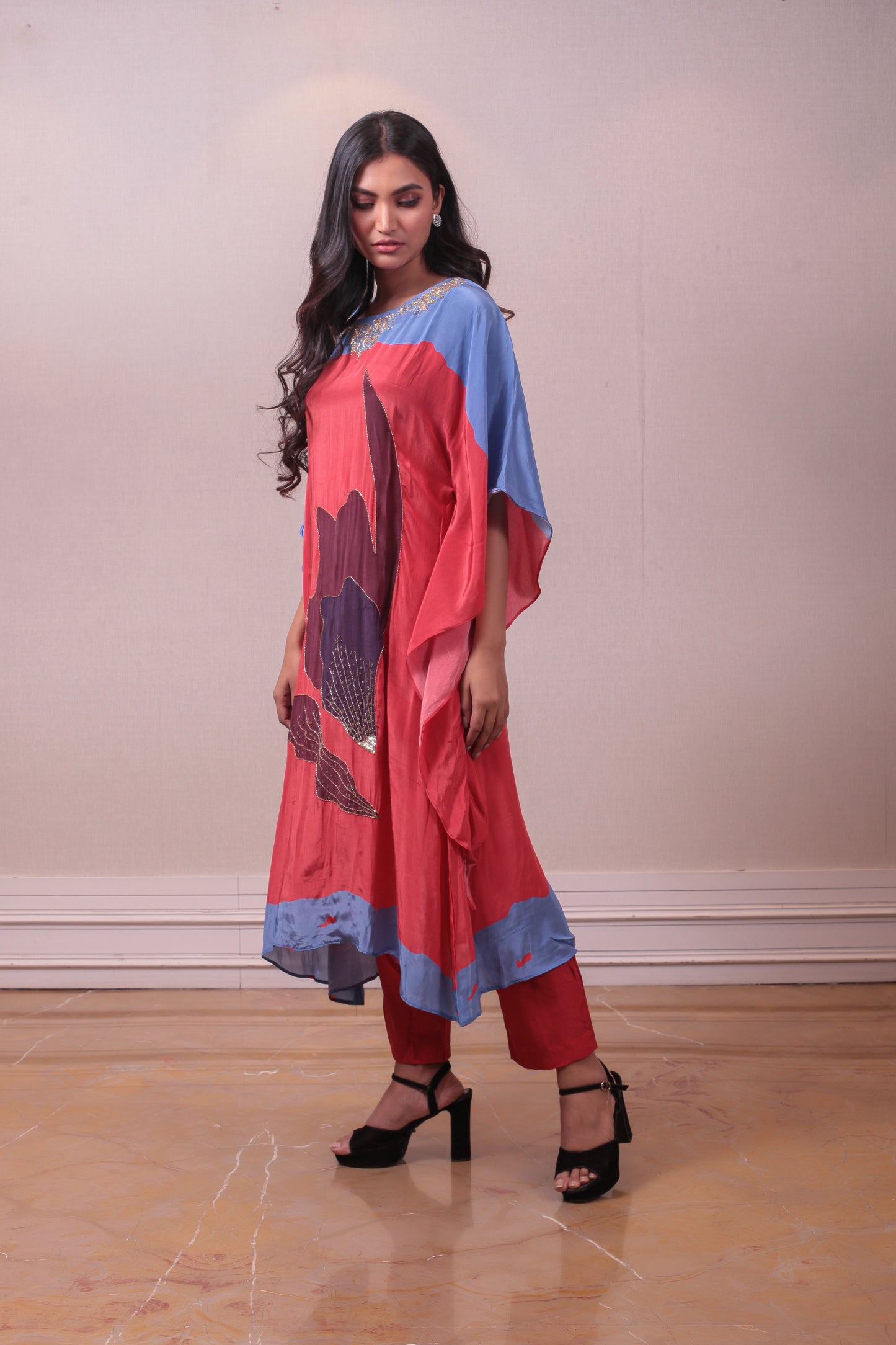 Designer Blue Orange Maroon Satin Kaftan Pant Set