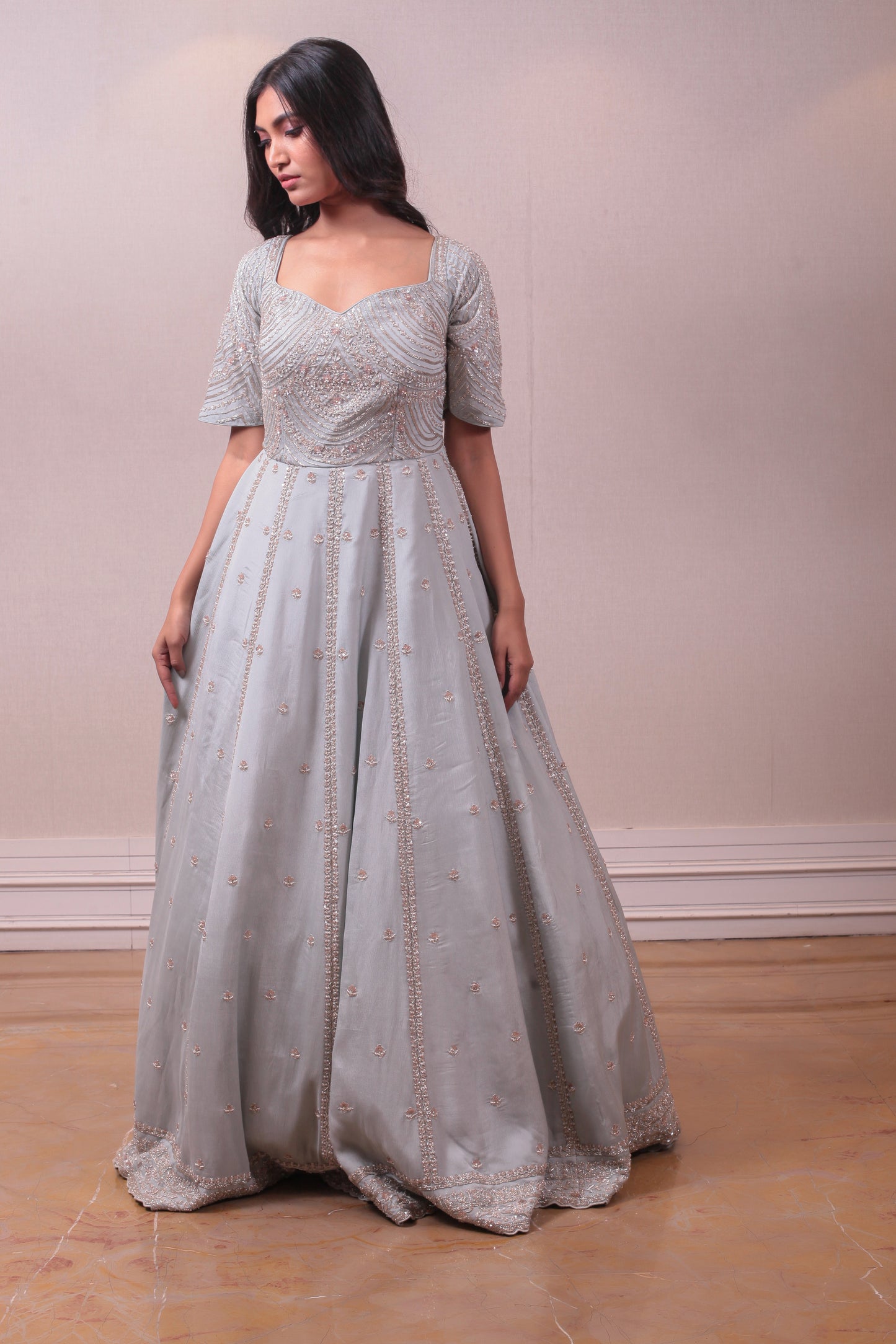 Designer Grey Raw Silk Gown