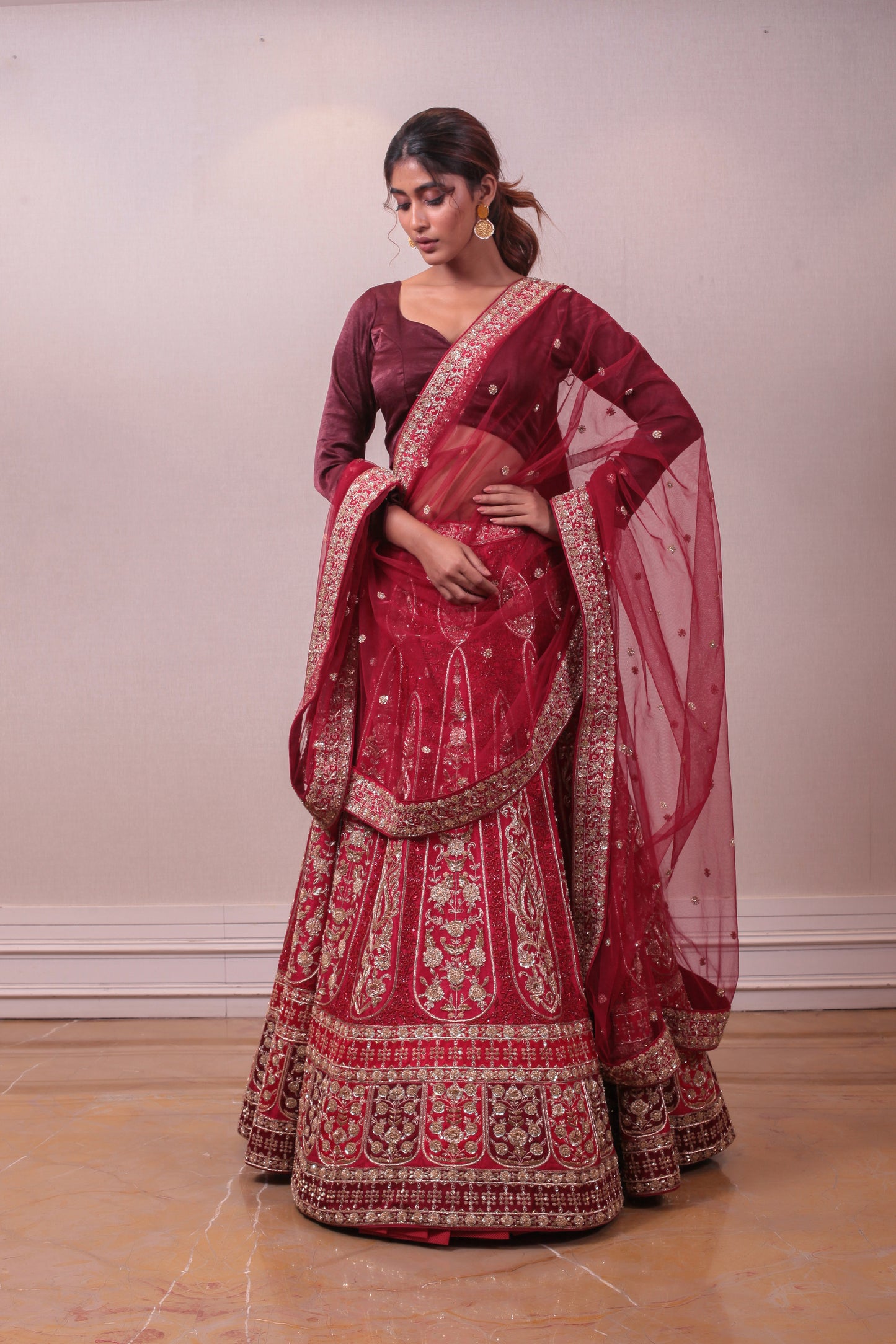 Designer Red  Raw Silk Net Embedded Lehenga