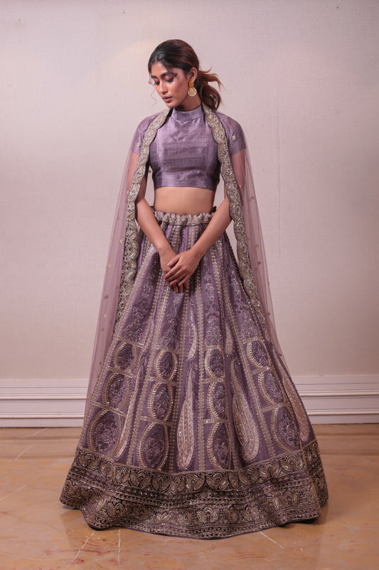 Designer Lavender Raw Silk Lehenga With Net Dupatta