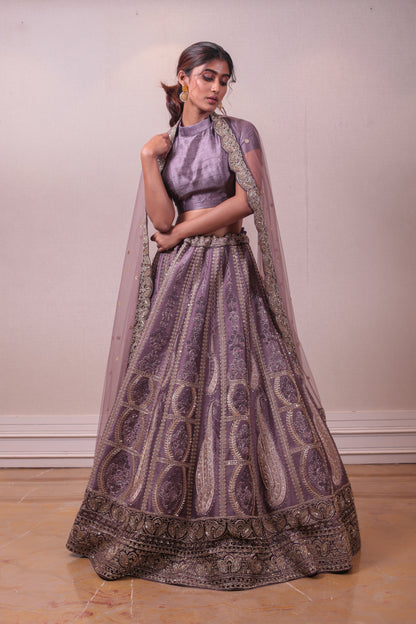 Designer Lavender Raw Silk Lehenga With Net Dupatta