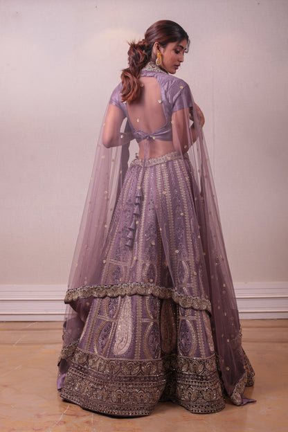 Designer Lavender Raw Silk Lehenga With Net Dupatta