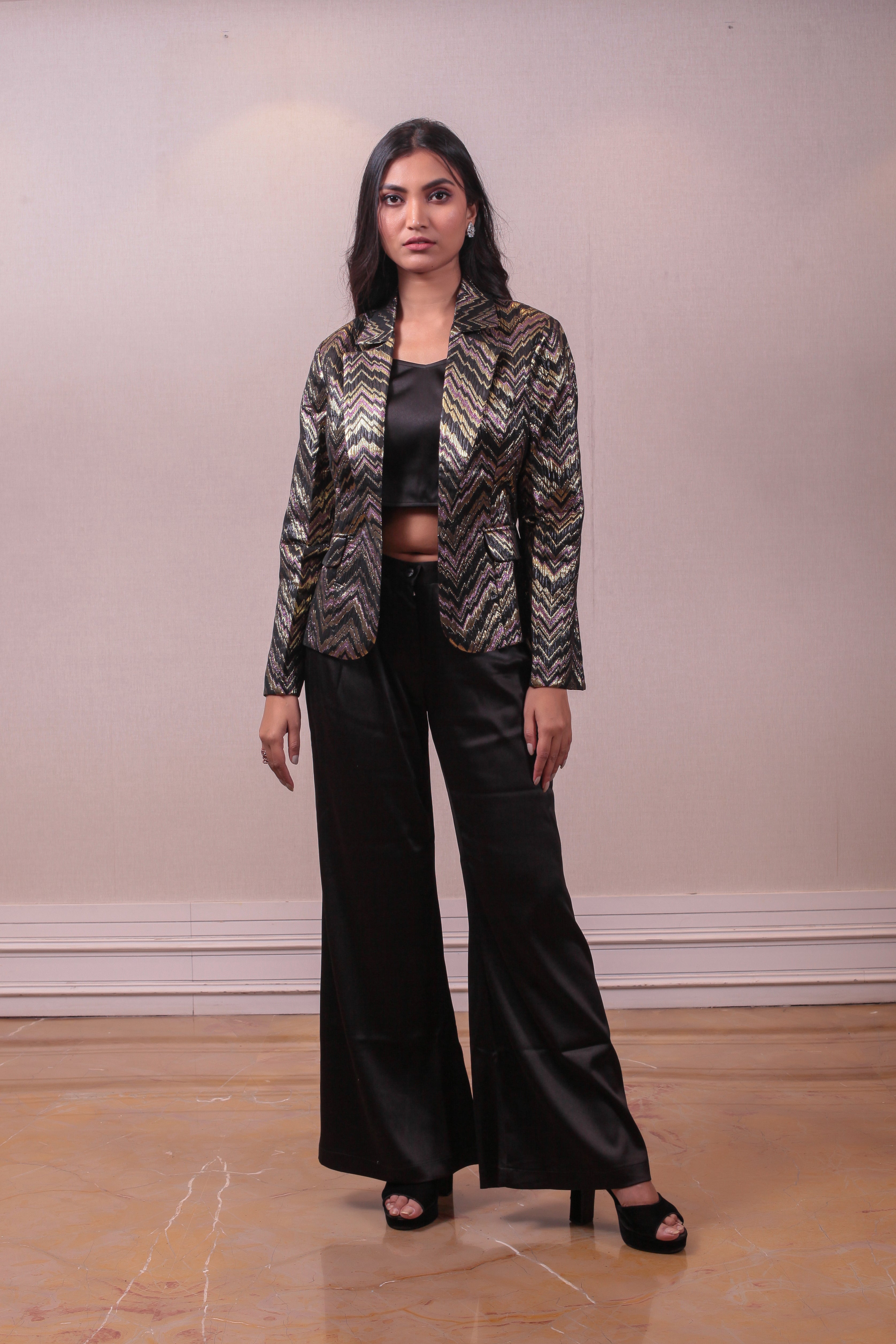Designer Metallic Black Party Wear Trousers Crop Top with Blazer  Simaaya