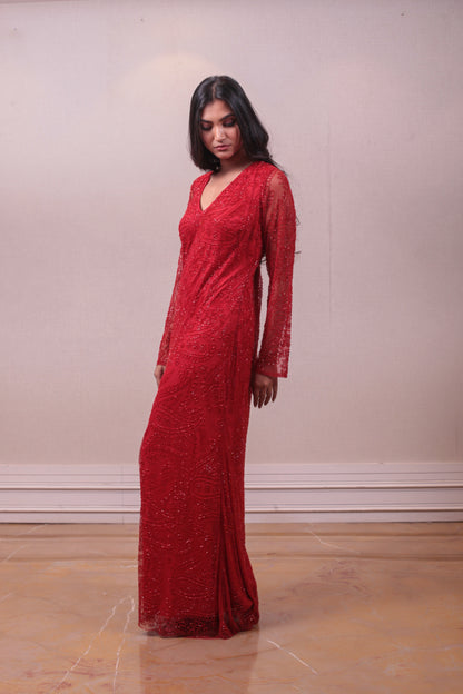 Designer Red Satin With Net Gown