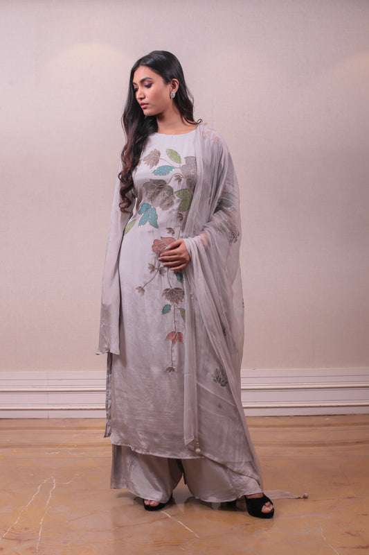 Designer Grey Printed Salwar Kameez Set