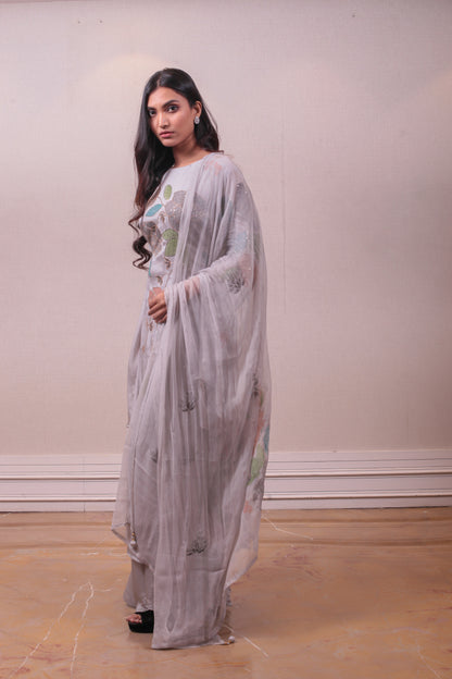 Designer Grey Printed Salwar Kameez Set