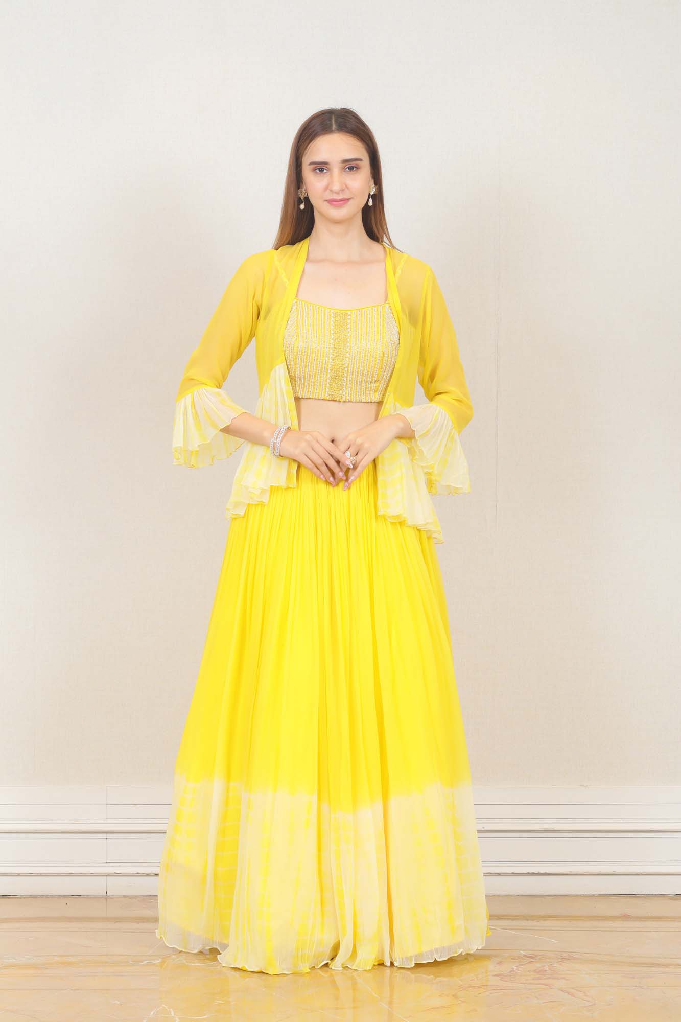 Party wear Lehenga with Cape in Yellow Color at online Simaaya