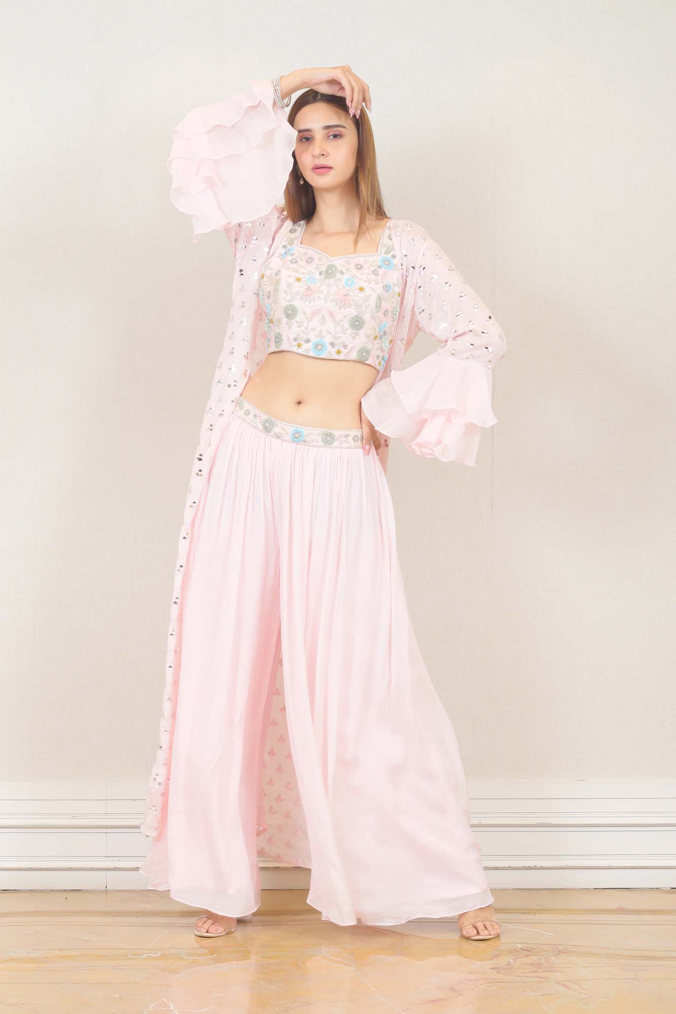 Party wear Lehenga with Cape in Light Pink Color at online Simaaya