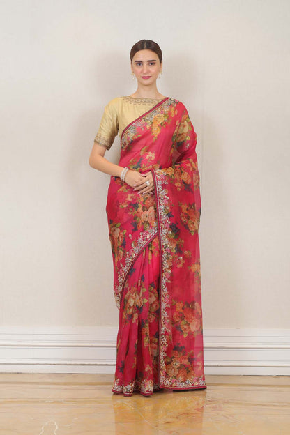 Party Wear Organza Saree in Pink color at online Simaaya