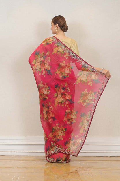 Party Wear Organza Saree in Pink color at online Simaaya