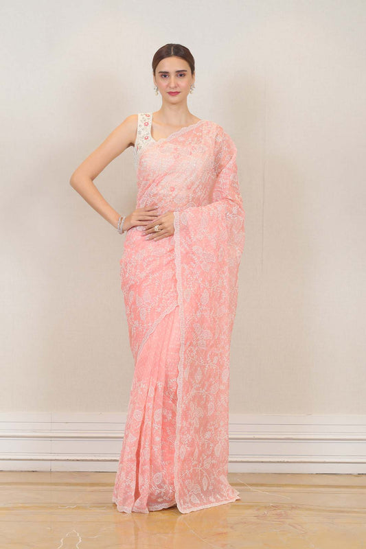 Party Wear Organza Saree in Pink Color at online Simaaya