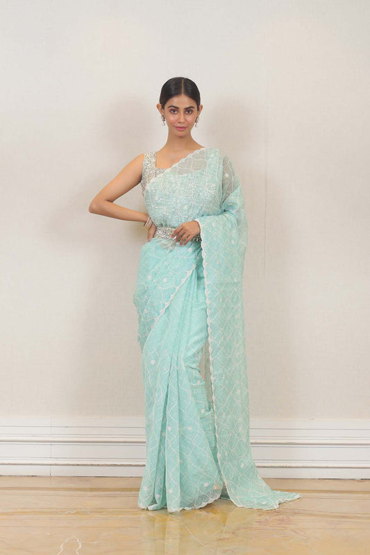 Party Wear Organza Saree in Sky Blue colour at online Simaaya