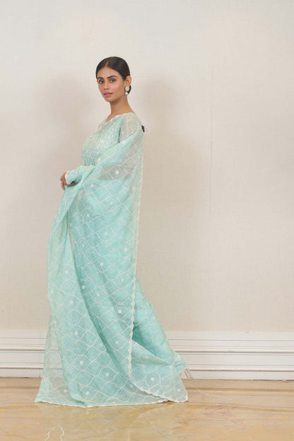 Party Wear Organza Saree in Sky Blue colour at online Simaaya