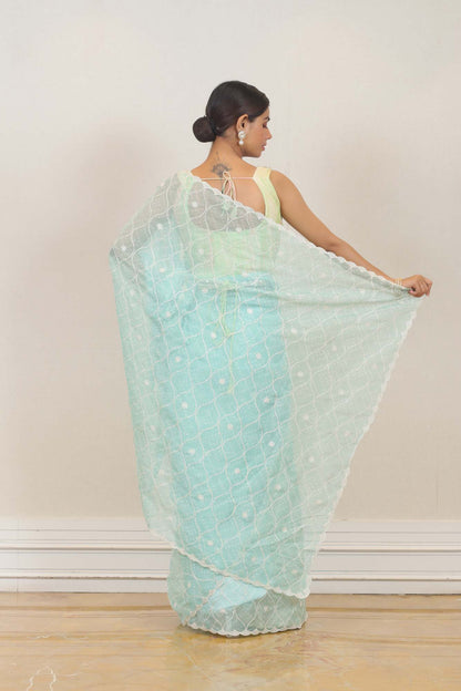 Party Wear Organza Saree in Sky Blue colour at online Simaaya