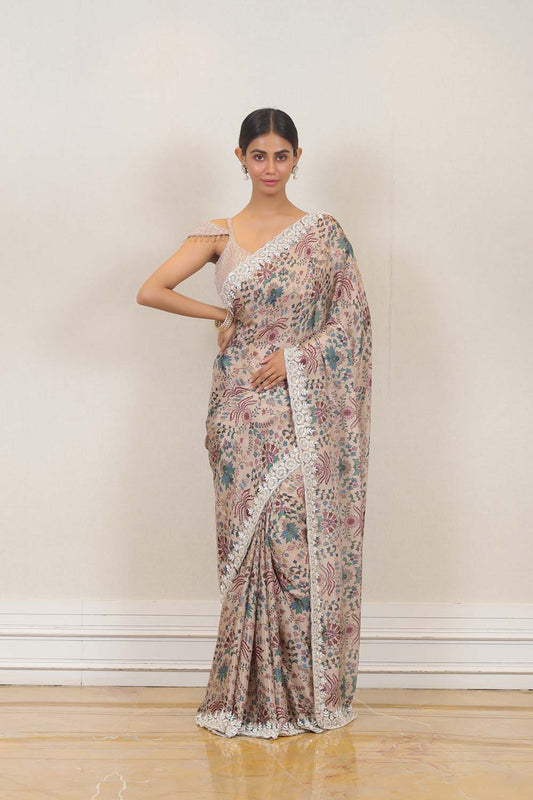 Party Wear Organza Saree in Beige color at online Simaaya