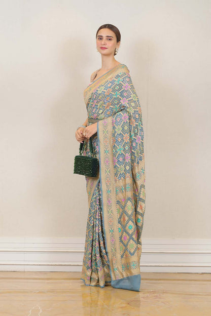 Party Wear Bandhej saree in Sky Blue color at online Simaaya