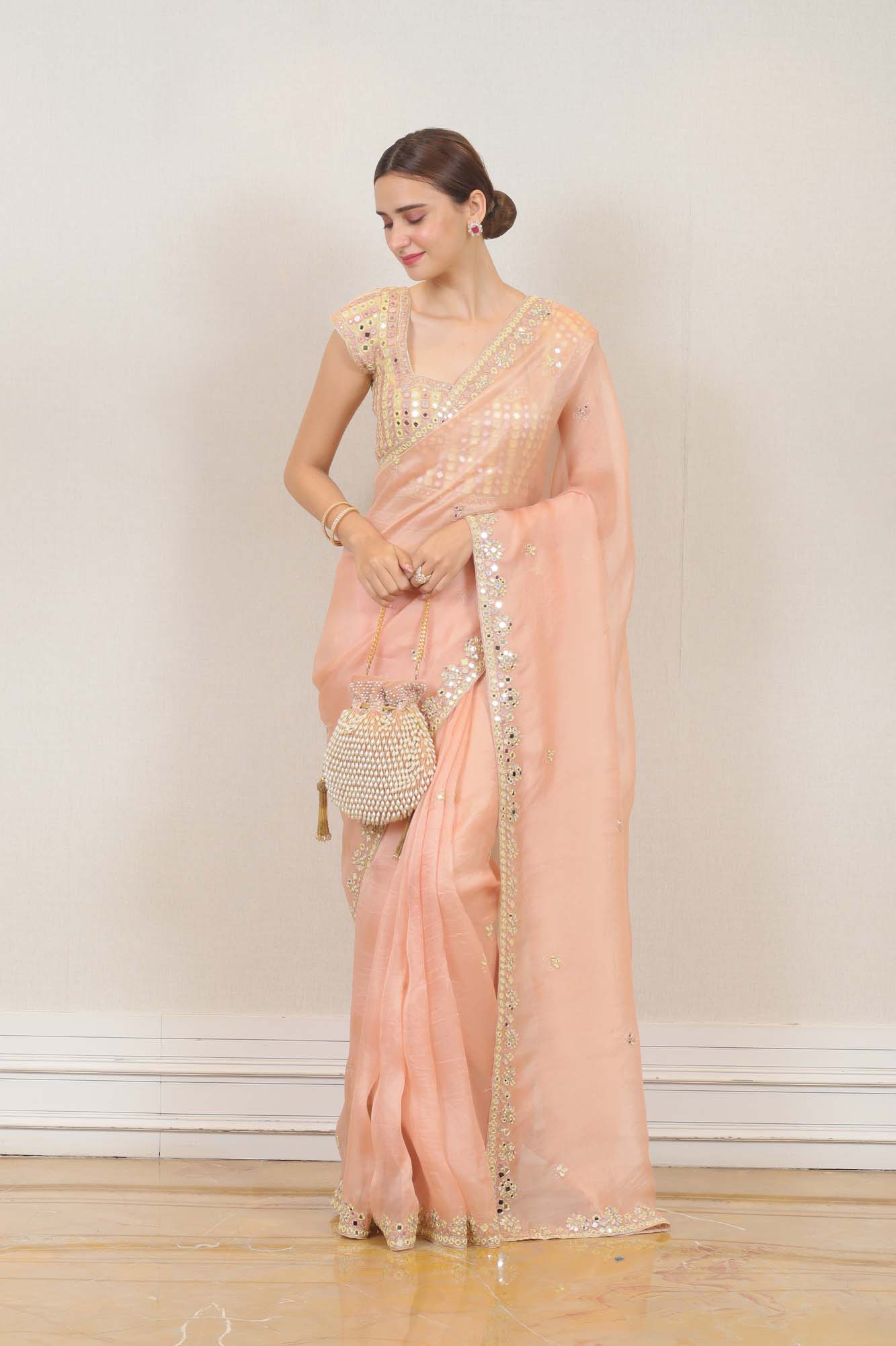 Party Wear Organza Saree in Pink Color at Online Simaaya