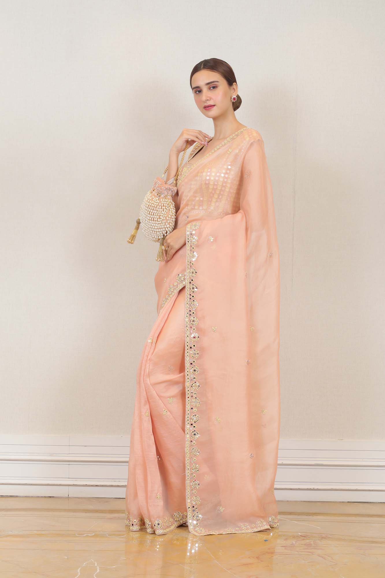 Banarasi Organza saree in light pink, adorable festive wear