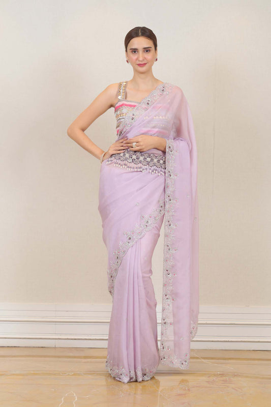 Party Wear Organza Saree in Light Purple  Color at online Simaaya