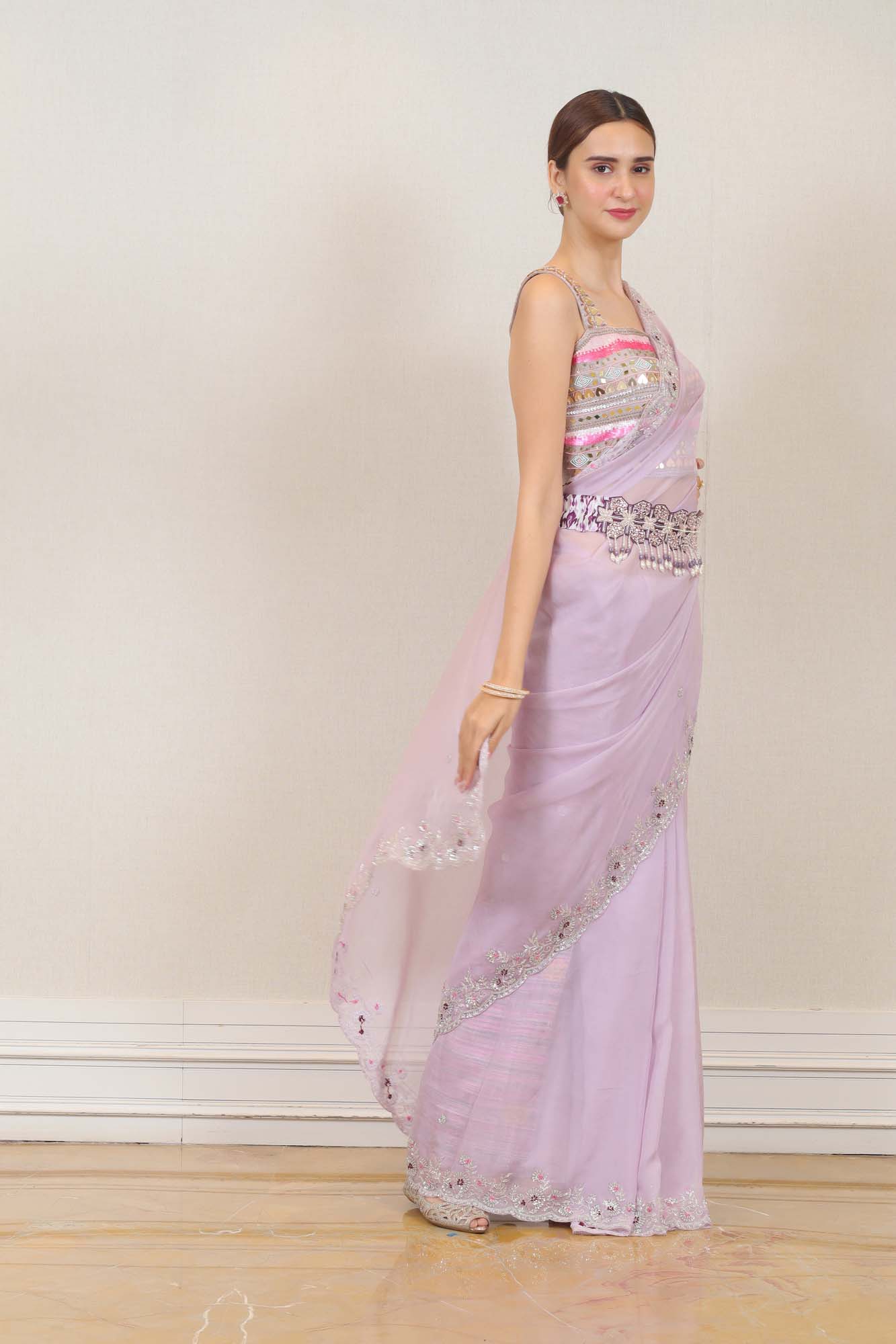 Party Wear Organza Saree in Light Purple  Color at online Simaaya