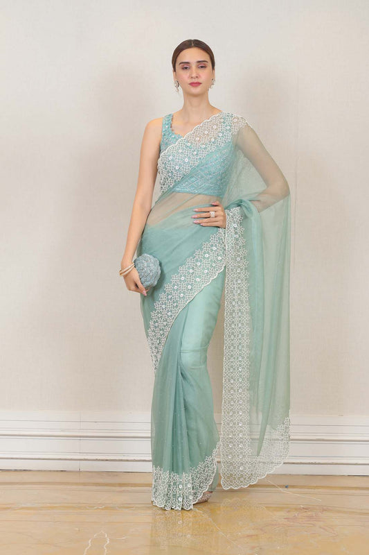 Party Wear Organza Saree in Light Sky Blue color at online Simaaya