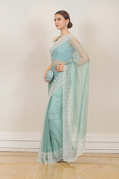 Party Wear Organza Saree in Light Sky Blue color at online Simaaya