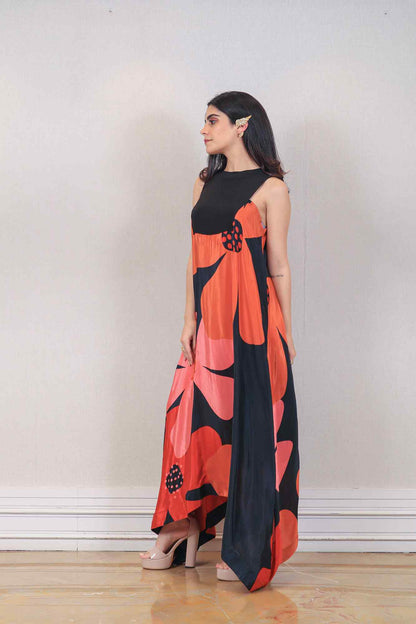 Designer Saffron and Black color Dress