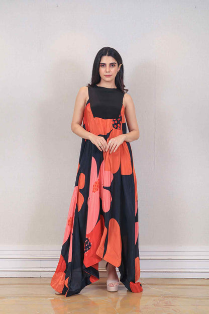 Designer Saffron and Black color Dress