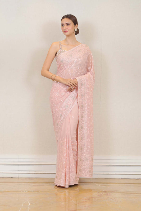 Party Wear Organza Saree in Pink  color at online Simaaya