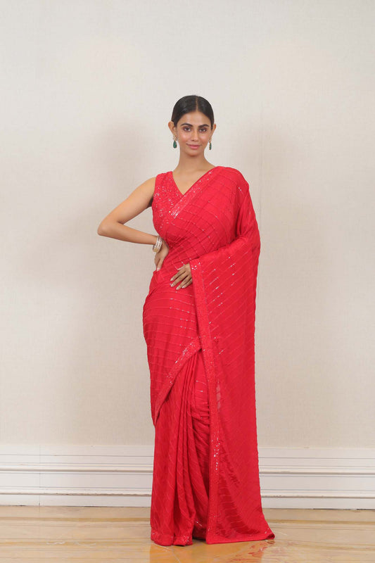 Party Wear Saree in Red color at online Simaaya