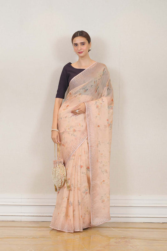 Party Wear Organza Saree in Pink color at online Simaaya