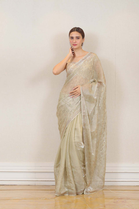 Party Wear Organza Saree in Green colour at online Simaaya