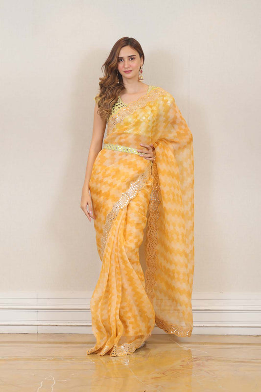 Party Wear Organza Saree in Yellow Color at online Simaaya