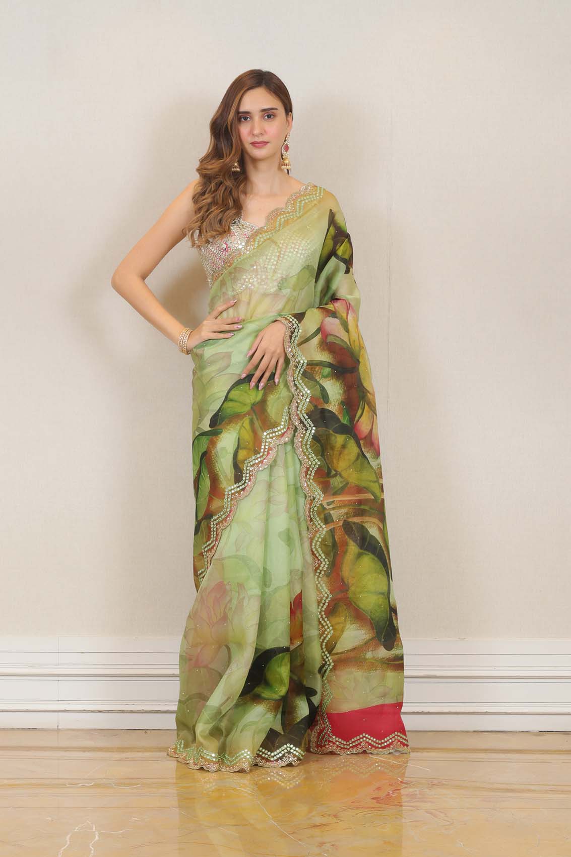 Party Wear Organza Saree in Green colour at online Simaaya