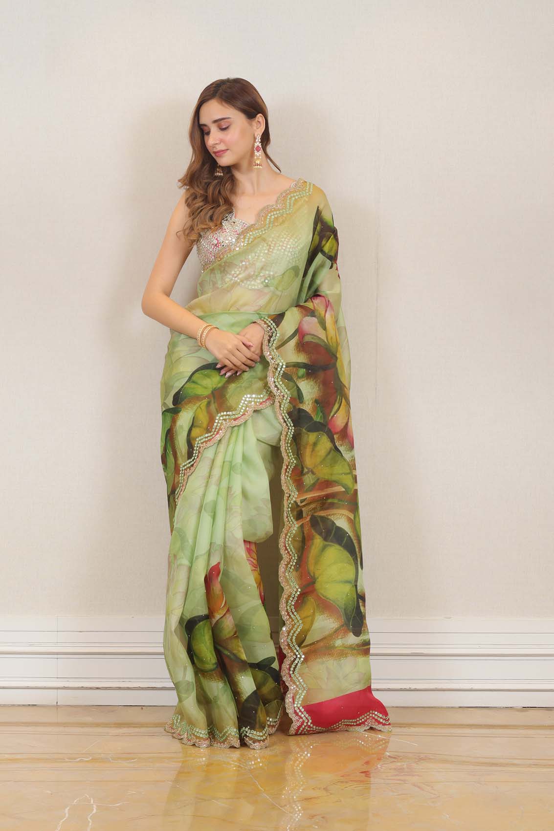 Party Wear Organza Saree in Green colour at online Simaaya