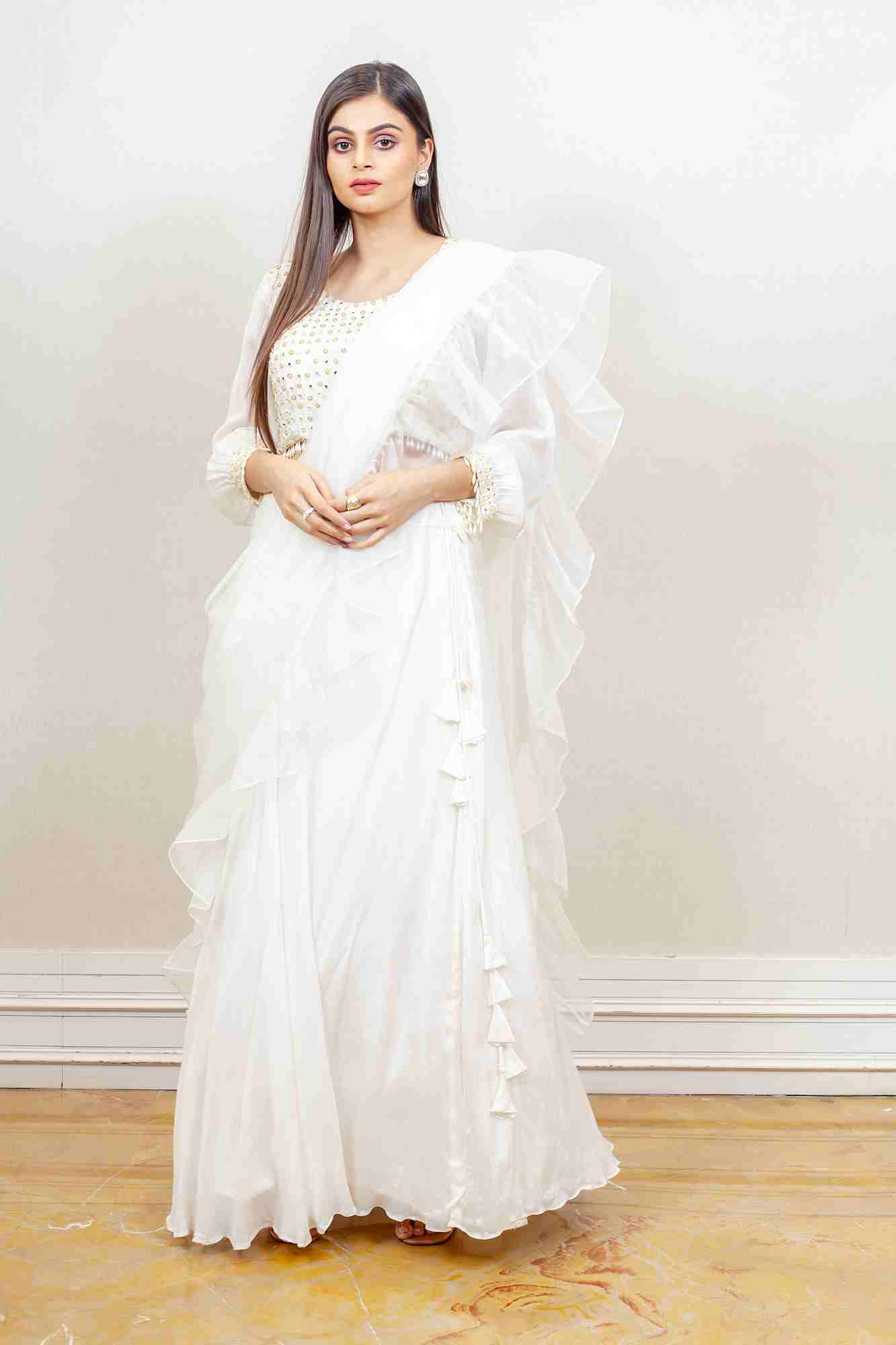 Attractive Taffeta Silk Base White Color Printed Designer Gown