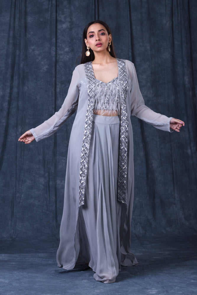 Beautiful Long Jacket with blouse top and Plazo Pant. | Indian fashion  dresses, Designer party wear dresses, Fashion attire