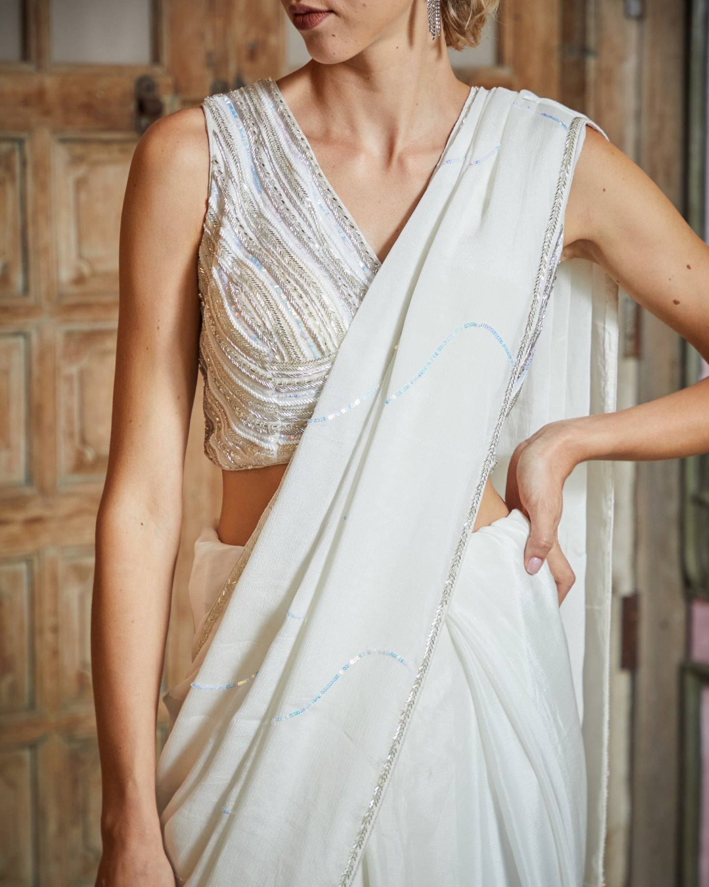 Designer White Color Hand Embroidered Saree