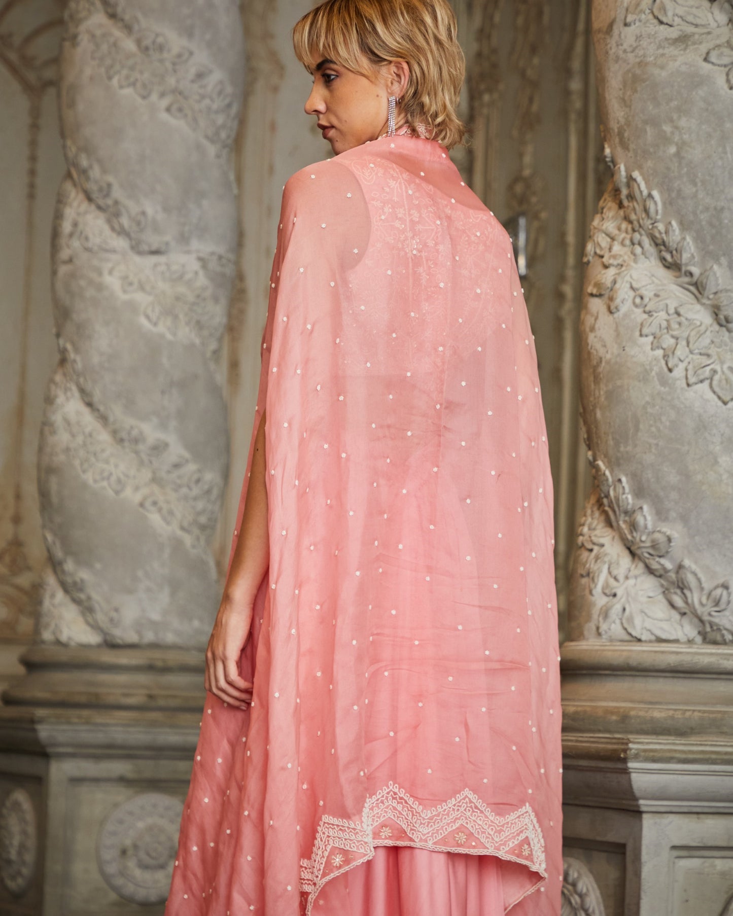 Designer Pink color Hand Embroidered drape skirt Jacket set