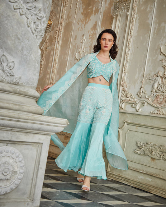 Designer Sky Blue color Hand Embroidered Sharara Jacket Set