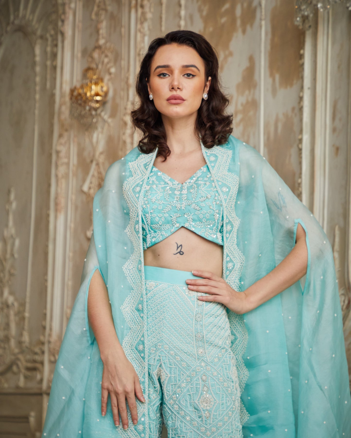 Designer Sky Blue color Hand Embroidered Sharara Jacket Set