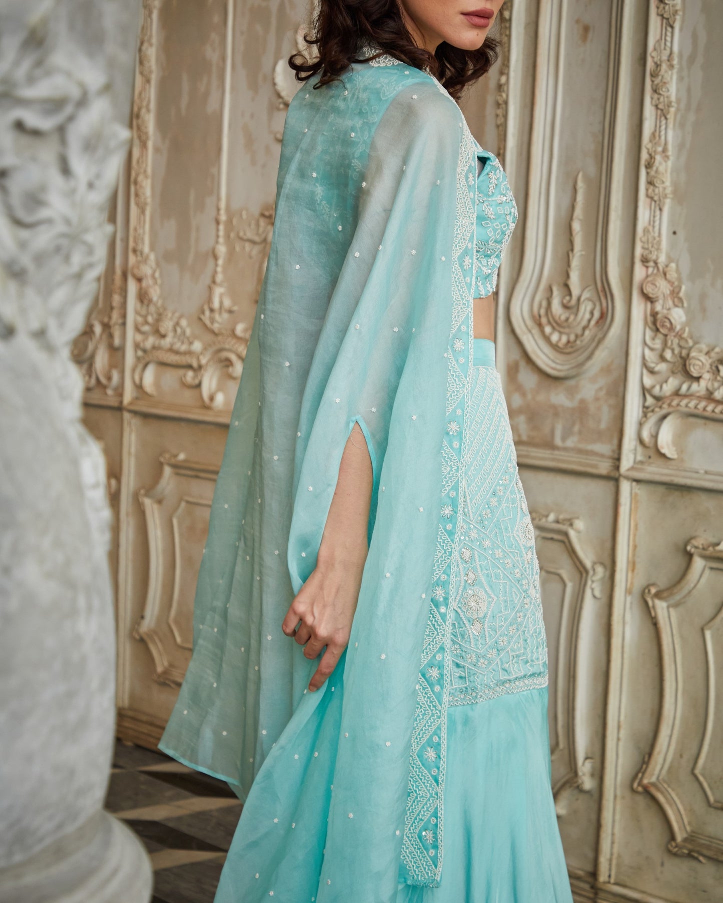 Designer Sky Blue color Hand Embroidered Sharara Jacket Set