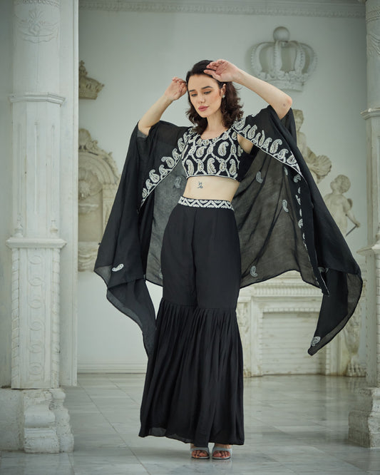 Designer Black color Hand Embroidered Sharara Jacket Set