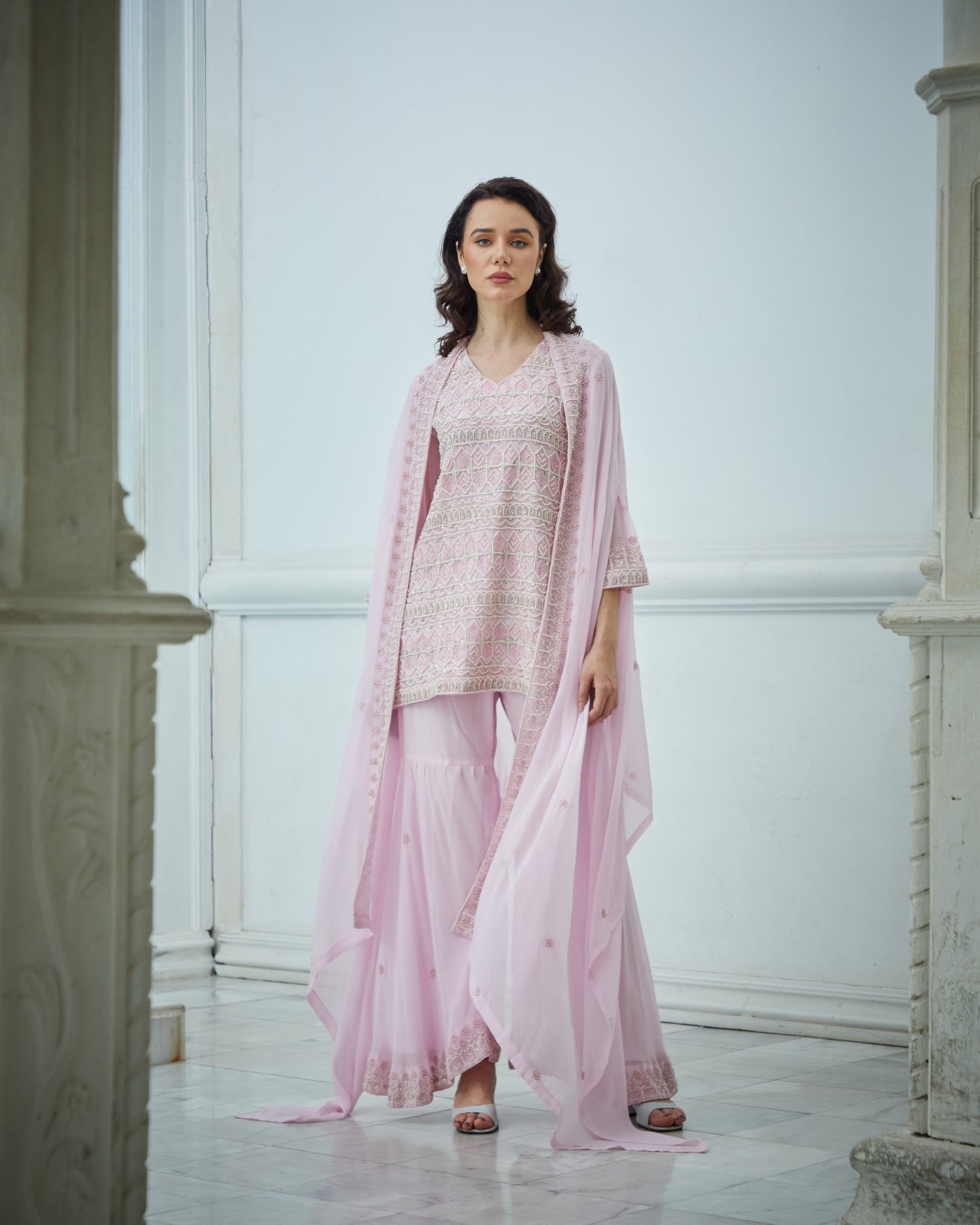 Designer baby pink hand embroidered sharara jacket set