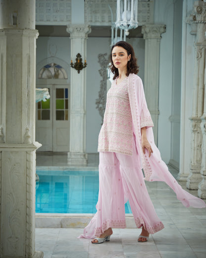 Designer baby pink hand embroidered sharara jacket set