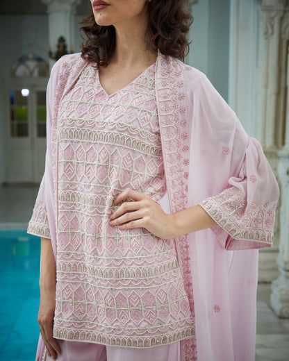 Designer baby pink hand embroidered sharara jacket set