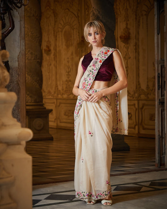 Designer Cream color Hand Embroidered saree